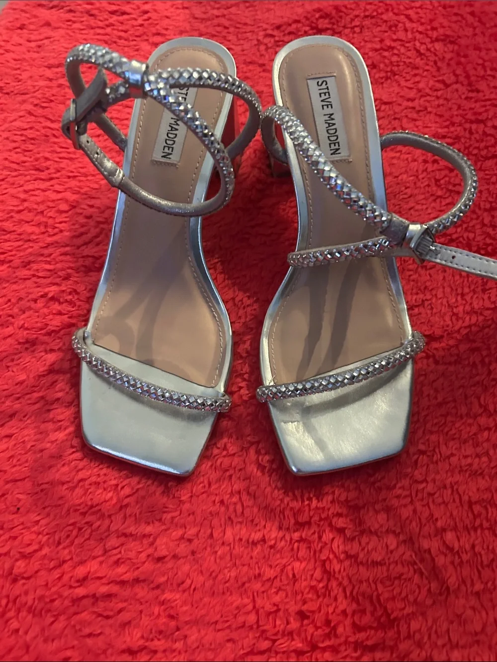 Steve Madden Metallic Silver Crystal Strap Heels